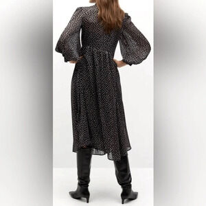 Mango ruffled pleated black polka dot lined midi US4 party office flowy modest